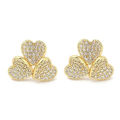 Golden Rack Plating Brass Micro Pave Clear Cubic Zirconia Stud Earrings for Women, Cadmium Free & Lead Free, Long-Lasting Plated, Heart, Golden, 12x15mm