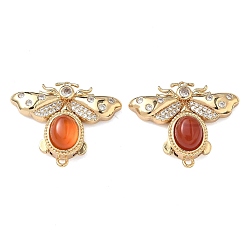 Настоящее золото 18K Латунные застежки из прозрачного кубического циркония с микропаве, с естественным агата, Пчелы, реальный 18 k позолоченный, 27x33x8.5 мм, Отверстие: 0.9 & 1.6 мм