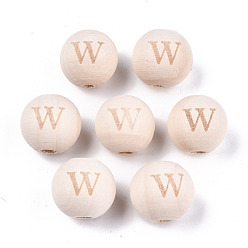 Letter W Unfinished Natural Wood European Beads, Large Hole Beads, Laser Engraved Pattern, Round with Word, Letter.W, 15~16x14~15mm, Hole: 4mm