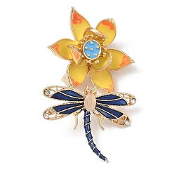 Yellow Dragonfly and Lotus Flower Enamel Pins, Alloy Rhinestonoe Lapel Pin Brooches for Clothes, with Cat Eye, Golden, Yellow, 50x32mm