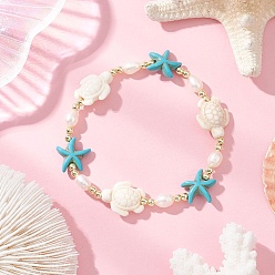 Белый Браслеты из синтетических бирюзовых бусин в виде черепахи и морской звезды и натурального культивированного пресноводного жемчуга для женщин, белые, внутренний диаметр: 2-1/8 дюйм (5.5 см)