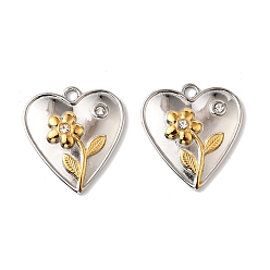 Сердце 304 из нержавеющей стали горный хрусталь подвески, золотые и нержавеющая сталь цвет, Сердце со цветками , 20x19x3 мм, отверстие : 2 мм