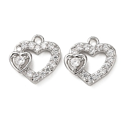 Платина Латунь с кубическим цирконием подвеской, сердце прелести, прозрачные, платина, 10.5x11x3 мм, отверстие : 1.2 мм