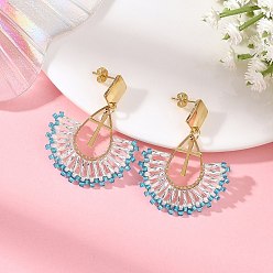 Light Sky Blue 304 Stainless Steel with Glass Seed Beads Hoop Dangle Earrings, Teardrop with Cross, Golden, Light Sky Blue, 44.5x33.5mm