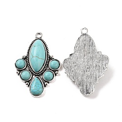 Antique Silver Alloy Pendants, with Synthetic Turquoise, Flower Charms, Antique Silver, 45x30x6.5mm, Hole: 2.5mm
