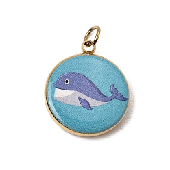 Steel Blue Printed 304 Stainless Steel Pendants, Round with Whale Shape Charms, Ion Plating(IP), Long-Lasting Plated, Golden, Steel Blue, 16x13.5x3mm, Hole: 2.5mm