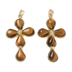 Tiger Eye Natural Tiger Eye Pendants, Cross Charms, with Golden Tone Brass Findings, 38~41x22.5~23.5x5.5~6mm, Hole: 5.5x3.5mm