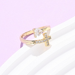 Настоящее золото 18K Манжеты из латуни с микро паве кубический цирконий для женщин, долговечный, стойки покрытие, сердце и крест, реальный 18 k позолоченный, внутренний диаметр: 17 мм