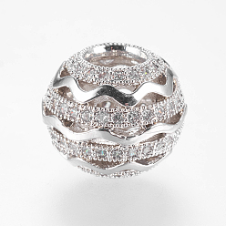 Платинированный Латунные микро проложить кубического циркония бусы, рондель, Реальная платина, 12x10 мм, отверстие : 4 мм