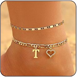 Letter T Двухслойные браслеты для щиколотки с латунными кристаллами и стразами в форме сердца, золотые, Письмо T, 7-7/8 дюйм (200 мм), 2 шт / комплект