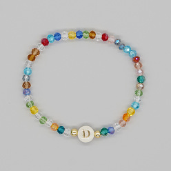 Letter D Handmade Bohemian Colorful Faceted Rondelle Glass Beaded Stretch Bracelets, Alphabet Natural White Shell Bracelets for Women, Letter D, Inner Diameter: 2.36 inch(6cm)