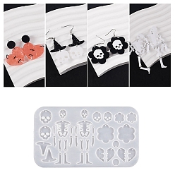 Skeleton Силиконовые формы для кулонов на тему Хэллоуина, формы для литья смолы, сердце/цветок/шляпа ведьмы, скелет, 112x195x4 мм, отверстие : 2 мм, внутренний диаметр: 12~34x26~31.5 мм