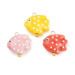 Mixed Color Handmade Porcelain with Brass Pendants, Fish with Polka Dot Charms, Rack Plating, Long-Lasting Plated, Lead Free & Cadmium Free, Real 18K Gold Plated, Mixed Color, 21x20.5x9mm, Hole: 2mm