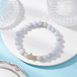 Халцедон Эластичные браслеты из натурального халцедона с круглыми бусинами, Женские украшения с крестом из латуни с микропаве из кубических цирконий, внутренний диаметр: 2-3/8 дюйм (5.9 см)