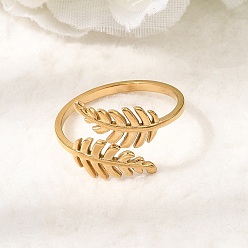Golden 304 Stainless Steel Cuff Open Rings for Women, Leaf, Golden, 13mm, Inner Diameter: 18mm