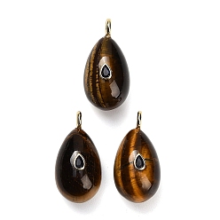 Tiger Eye Natural Tiger Eye Pendants, Teardrop Charms, with Brass Pave Cubic Zirconia Findings, Golden, 38~39.5x20~21x21.5~22.5mm, Hole: 4.5mm