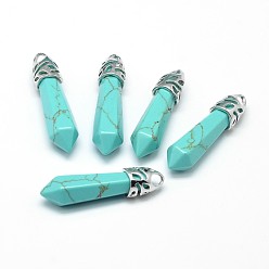 Синтетическая Бирюза Круглые остроконечные подвески из синтетической бирюзы из платинового сплава, без кадмия и без свинца, 33~40x8~9 мм, отверстие : 3x4 мм