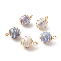 Steel Blue Electroplated Natural Agate Penndants, with Copper Wire Wrapped, Golden, Faceted Round, Steel Blue, 18x13mm, Hole: 2~2.5mm