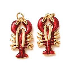 Rojo Oscuro Colgantes de latón con esmalte, amuletos de langosta, chapado en rack, larga duración plateado, sin plomo y el cadmio, real 18 k chapado en oro, de color rojo oscuro, 24x13x9 mm, agujero: 3 mm