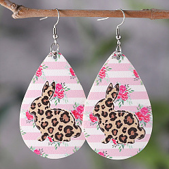 Pink Кожзаменитель болтаться серьги, слезинка с рисунком кролика, платина, розовые, 75x35 мм