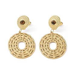 Тигровый глаз Женские серьги-гвоздики в виде диска с натуральным тигровым глазом и 304 веревкой из нержавеющей стали, золотые, 47x25.5 мм