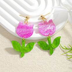 Цветок Акриловые болтаться серьги стержня, фиолетовые, цветок, 65x34 мм