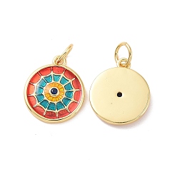 Orange Red Flat Round Brass Micro Pave Cubic Zirconia Charms, with Jump Rings and Enamel, Cadmium Free & Nickel Free & Lead Free, Real 18K Gold Plated, Orange Red, 14x12x2mm, Hole: 3.4mm