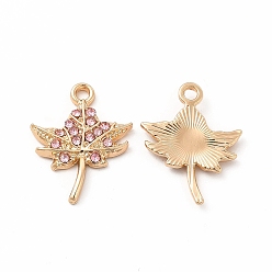 Light Rose Rack Plating Eco-friendly Alloy Rhinestone Pendants, Maple Leaf Charm, Golden, Light Rose, 21x16.5x2.5mm, Hole: 1.2mm