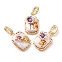 Цветок Подвески из латуни с микропаве из циркония, с эмалью и натуральным жемчугом, реальный 18 k позолоченный, стойки покрытие, без свинца и без кадмия, цветок, 24x17.5x11.5 мм, отверстие : 7.5x5 мм