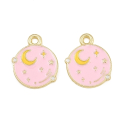 Pink Colgantes de la aleación del esmalte, encantos de la luna, dorado, rosa, 16x13x1 mm, agujero: 1.6 mm