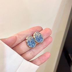Васильковый Серьги-гвоздики из сплава и стекла, овальные, золотые, васильковый, 20 мм