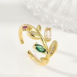 Настоящее золото 18K Манжеты из латуни с микро паве кубический цирконий для женщин, без кадмия, без никеля и без свинца, лист, со стеклом, реальный 18 k позолоченный, 12 мм, внутренний диаметр: 17 мм