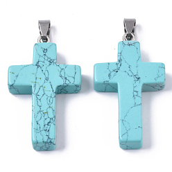 Бирюза Синтетические бирюзовые подвески, со случайной защелкой из нержавеющей стали, окрашенные, крестик, 44~46x27~29x6~8 мм, отверстие : 4x8 мм