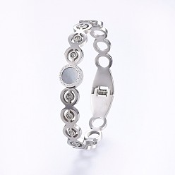 Stainless Steel Color 304 Stainless Steel Bangles, with Rhinestone and Shell, Flat Round, Stainless Steel Color, 2-3/8 inch(5.9cm)x2 inch(5cm), 9~11mm