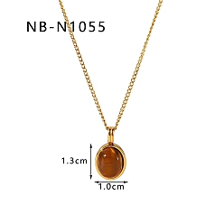 Золотой Ожерелья с овальной подвеской из натурального тигрового глаза, из нержавеющей стали цепи ожерелья, реальный 18 k позолоченный, 16.14~19.69 дюйм (41~50 см)