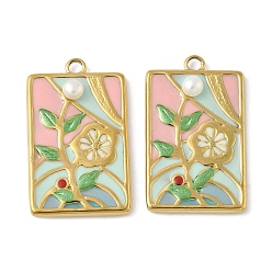 Rectangle 304 подвески из нержавеющей стали, цветок, с эмалью и жемчугом, реальный 18 k позолоченный, ионное покрытие (ip), прямоугольные, 28x17x4.5 мм, отверстие : 2 мм