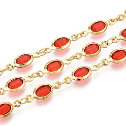 Оранжево-Красный Латунные овальные звенья цепи, со стеклом, пайки, с катушкой, долговечный, золотые, оранжево-красный, 13.5x5x2~2.5 мм, около 32.81 футов (10 м) / рулон