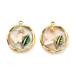 Морская Ракушка 304 нержавеющей стальной эмали подвески, Со смолой и имитацией жемчуга, плоские круглые с бабочкой, ионное покрытие (ip), реальный 18 k позолоченный, цвет морской раковины, 22x19x5 мм, отверстие : 1.8 мм