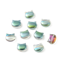 Зеленое Покрытие Гальванические стеклянные бусины, с половиным покрытием, форма кошки, зеленый покрытием, 8x10x5 мм, отверстие : 1.2 мм