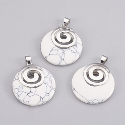 Howlite Synthetic Howlite Pendants, with Platinum Tone Brass Findings, Flat Round, 32x28x6mm, Hole: 4x5mm