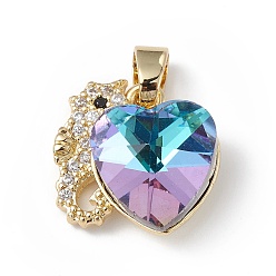 Разноцветный Настоящие позолоченные подвески из латуни с микропаве из кубического циркония, со стеклом, долговечный, без кадмия и без свинца, морской конек с сердцем, красочный, 18 мм, отверстие : 16.5x15.5x8 мм