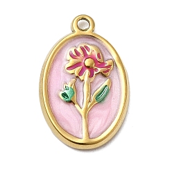 Настоящее золото 18K 304 прелести нержавеющей стали, овал с цветочными подвесками, с эмалью и стразами, ионное покрытие (ip), реальный 18 k позолоченный, 17.5x11.5x2 мм, отверстие : 1.2 мм
