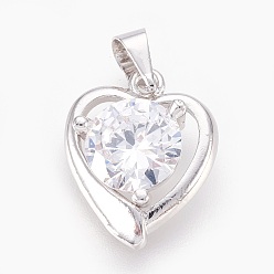 Clear Brass Micro Pave Cubic Zirconia Pendants, Heart, Platinum, Clear, 15.5~16x13x4~4.5mm, Hole: 4x5mm
