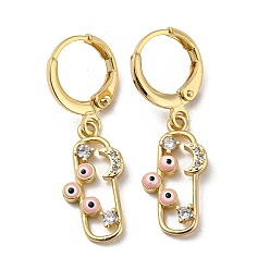 Pearl Pink Golden Brass Dangle Leverback Earrings, with Enamel and Cubic Zirconia, Evil Eye & Moon, Pearl Pink, 31.5x9mm