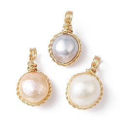 (52) Непрозрачная лаванда 3 подвески из медной проволоки из натурального культивированного пресноводного жемчуга, круглые подвески, золотые, разноцветные, 18.5~21x11~12x7.5~9.5 мм, отверстие : 3 мм