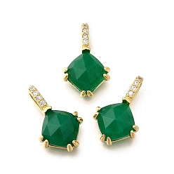 Зеленый агат Подвески из натурального зеленого ониксового агата (окрашенного и нагретого) в форме граненого ромба, латунные микропаве прозрачные кубические циркониевые подвески, реальный 18 k позолоченный, 19x12x6 мм, отверстие : 2.5x5 мм