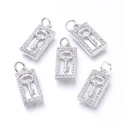 Платина Латунные микро проложить кубического циркония подвески, с прыжковыми кольцами и натуральной оболочкой, долговечный, без кадмия и без свинца и без никеля, прямоугольник с ключом, прозрачные, платина, 16x8x3 мм, отверстие : 3.4 мм