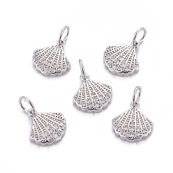 Platinum Brass Charms, with Cubic Zirconia, Shell, Clear, Platinum, 11x10x2mm, Hole: 3mm