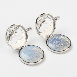 Opalite Opalite Pendants, with Brass Diffuser Locket Findings, Flat Round with Angel, 31x26x8mm, Hole: 4mm