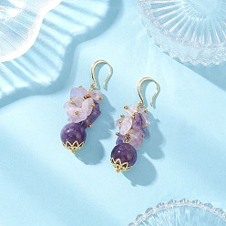 Аметист Серьги с бусинами из натурального аметиста, с  латунными крючками для серег, золотые, 48~49x17~18 мм